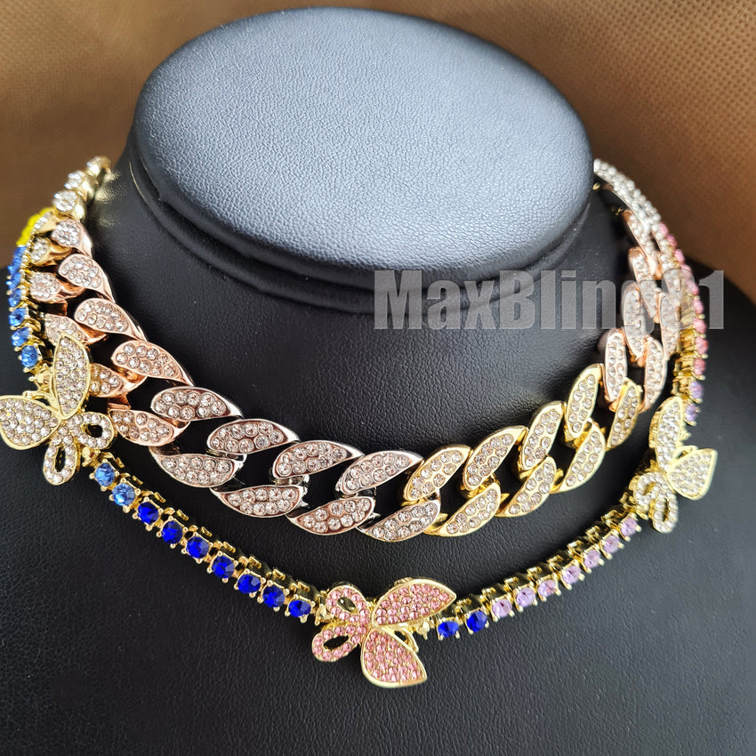 Hip Hop Multi Color 18" Butterfly Tennis Choker & Iced Cuban Chain Necklace Set