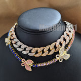 Hip Hop Multi Color 18" Butterfly Tennis Choker & Iced Cuban Chain Necklace Set