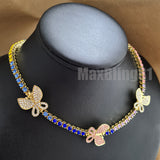 Hip Hop Multi Color 18" Butterfly Tennis Choker & Iced Cuban Chain Necklace Set