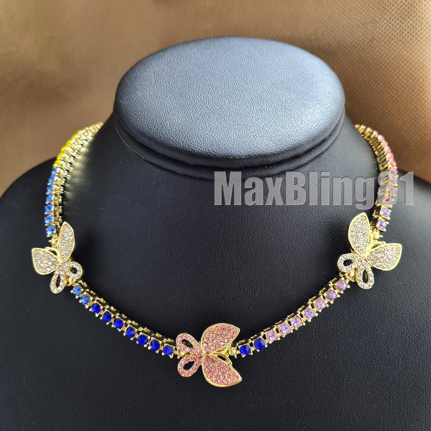 Hip Hop Multi Color 18" Butterfly Tennis Choker & Iced Cuban Chain Necklace Set