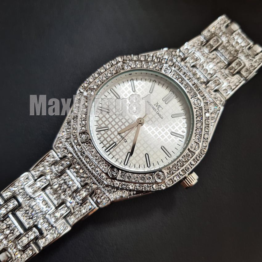 Unisex Hip Hop White Gold plated Lab Diamonds Iced Bling Luxury Metal Band Migos Watch