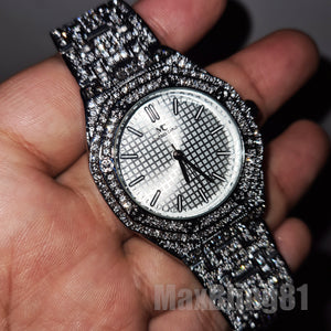 Unisex Hip Hop White Gold plated Lab Diamonds Iced Bling Luxury Metal Band Migos Watch