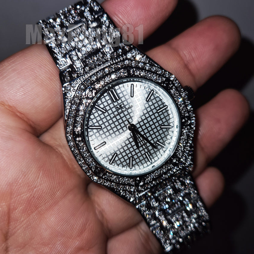 Unisex Hip Hop White Gold plated Lab Diamonds Iced Bling Luxury Metal Band Migos Watch