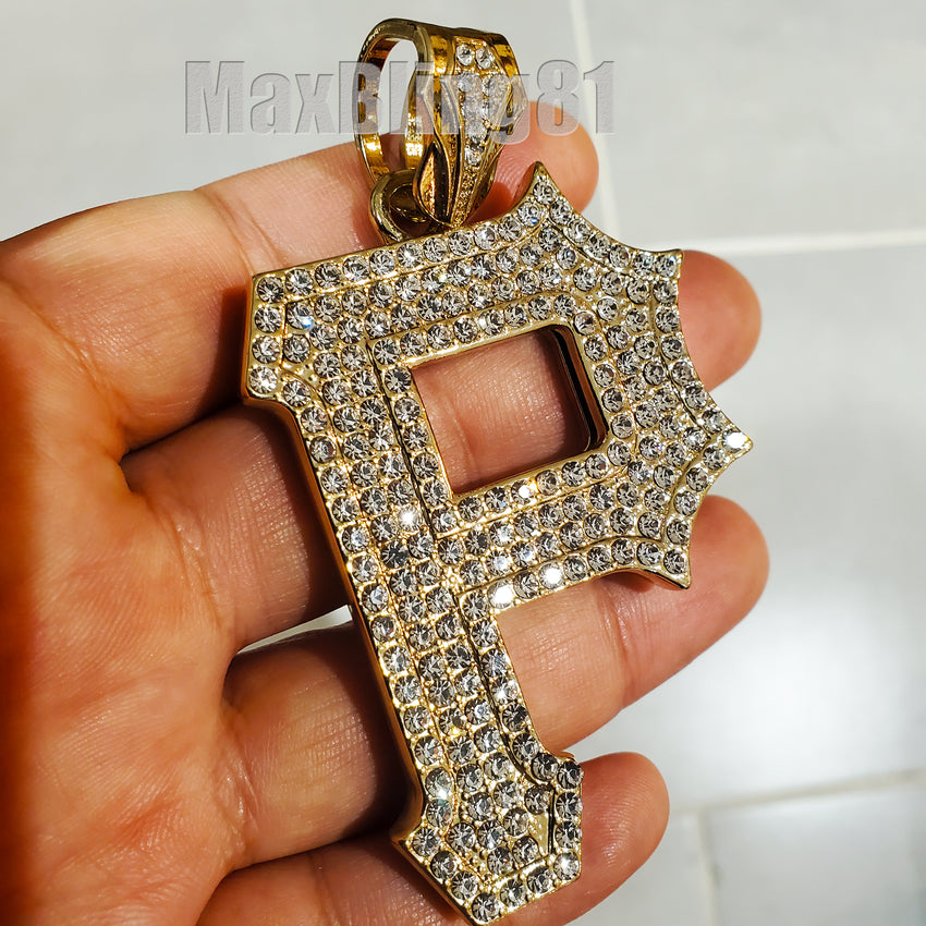 ICED HIP HOP GOLD PLATED LAB DIAMOND PITTSBURGH P RAPPER'S LARGE CHARM PENDANT
