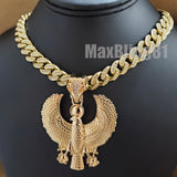 Gold plated Egyptian Horus Bird Pendant & 13mm 16" 18" 20" 24" Iced Cuban Box Lock Chain Necklace