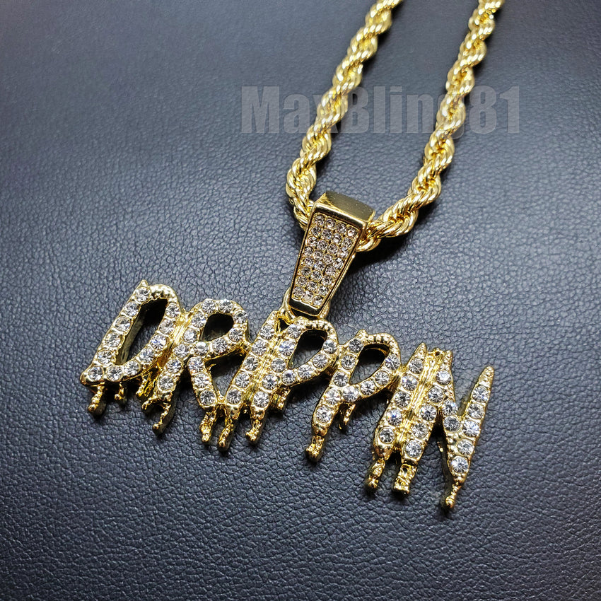 Iced Hip Hop Gold Plated DRIPPIN Pendant & 4mm 24" Rope Chain Fashion Necklace