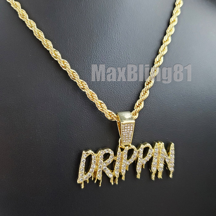 Iced Hip Hop Gold Plated DRIPPIN Pendant & 4mm 24" Rope Chain Fashion Necklace