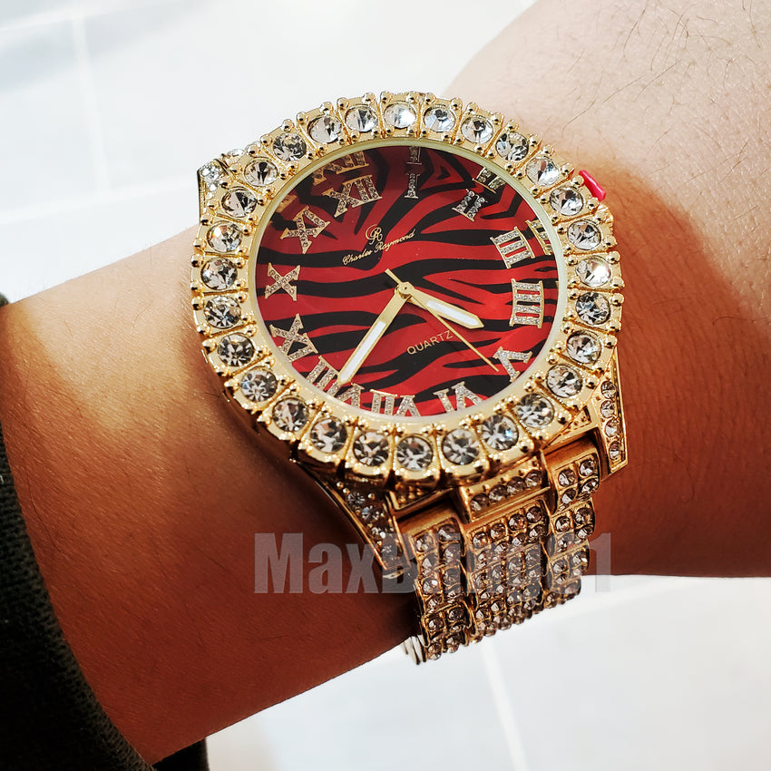 Hip Hop Iced Red Tiger Stripe Dial Gold Plated Bling BIG CZ Stone Wrist Watch