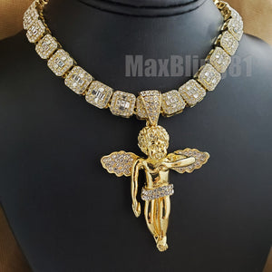 Hip Hop Gold Plated Baby Angel Pendant & 16