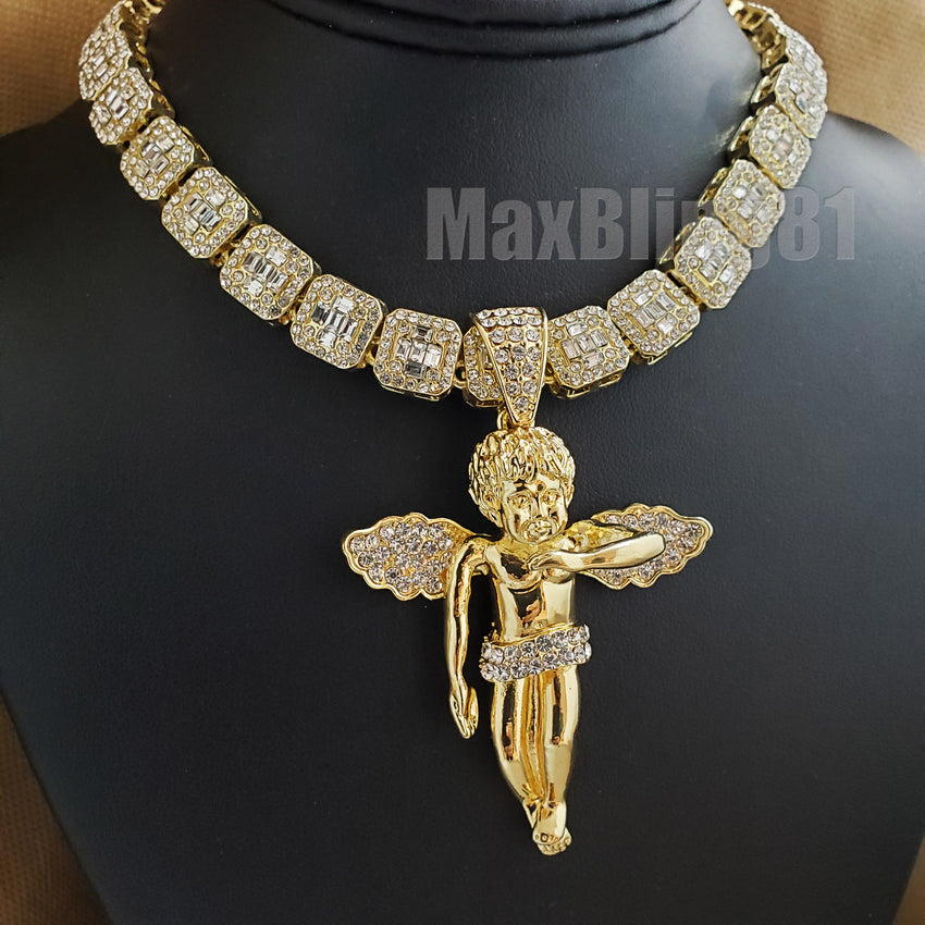 Hip Hop Gold Plated Baby Angel Pendant & 16" 18" 20" Iced Baguette Choker Chain Necklace