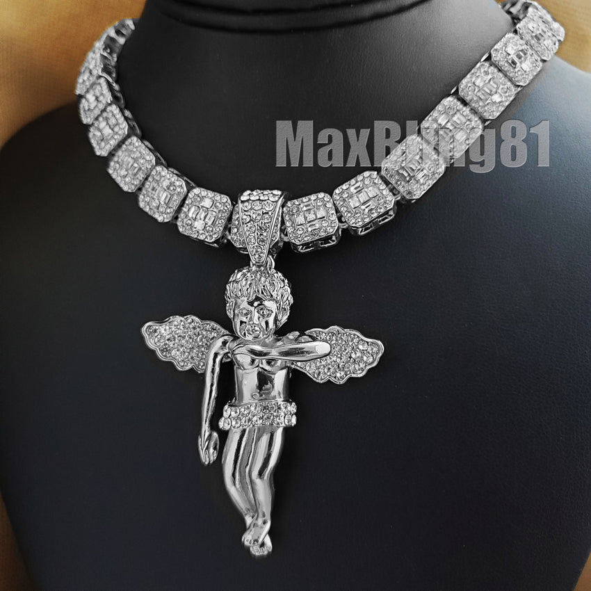 Hip Hop White Gold Plated Baby Angel Pendant & 16" 18" 20" Iced Baguette Choker Chain Necklace