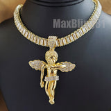 Hip Hop Gold Plated Baby Angel Pendant & 10mm 18" 20" 24" Iced Baguette Chain Bling Necklace