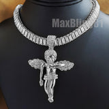 Hip Hop White Gold Plated Baby Angel Pendant & 10mm 18" 20" 24" Iced Baguette Chain Bling Necklace