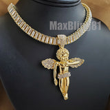 Hip Hop Gold Plated Baby Angel Pendant & 10mm 18" 20" 24" Iced Baguette Chain Bling Necklace