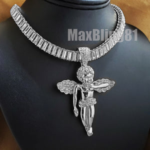 Hip Hop White Gold Plated Baby Angel Pendant & 10mm 18