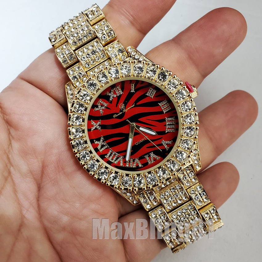 Hip Hop Iced Red Tiger Stripe Dial Gold Plated Bling BIG CZ Stone Wrist Watch