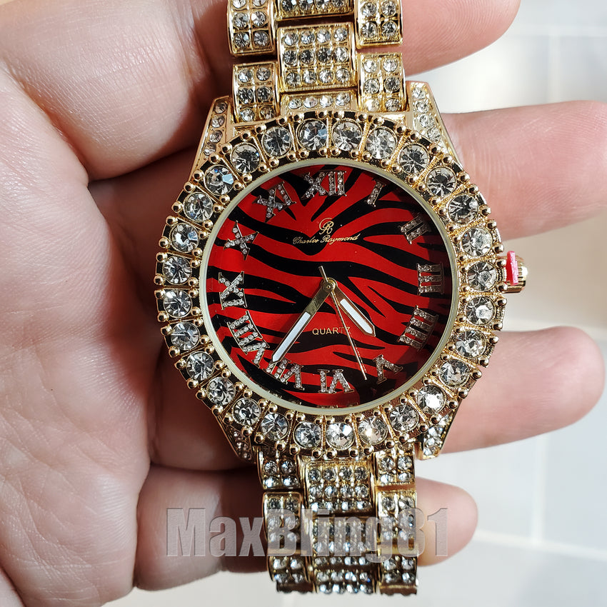 Hip Hop Iced Red Tiger Stripe Dial Gold Plated Bling BIG CZ Stone Wrist Watch