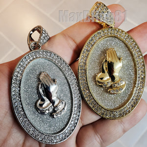 HIP HOP ICED GOLD SILVER PLATED BLING GLITTERED LARGE PRAYING HANDS OVAL CHARM PENDANT