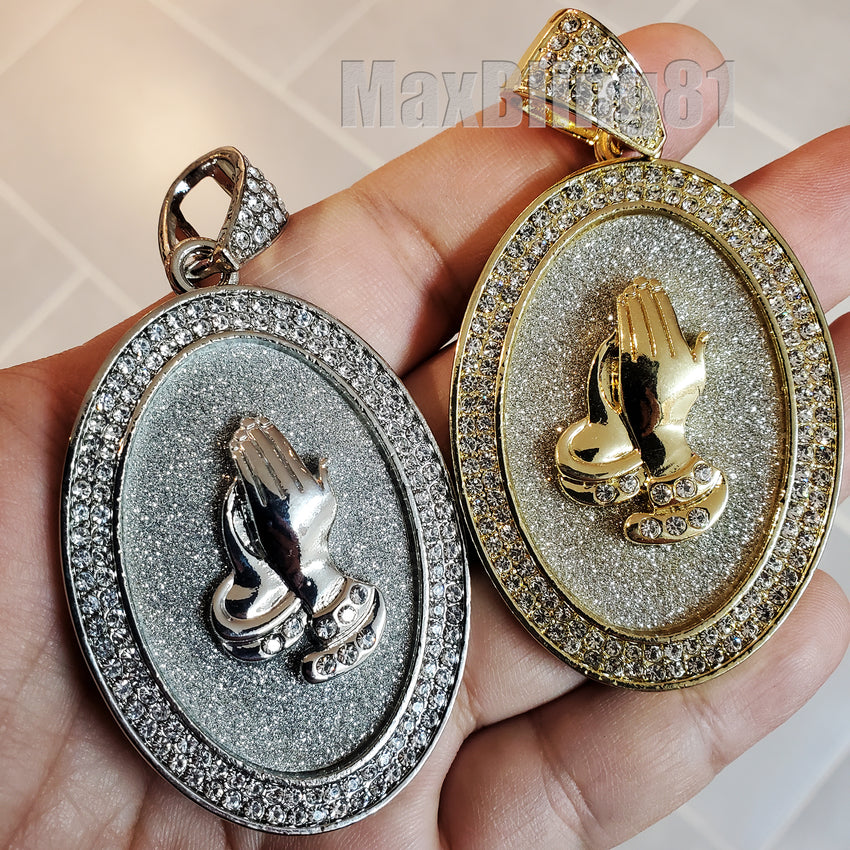 HIP HOP ICED GOLD SILVER PLATED BLING GLITTERED LARGE PRAYING HANDS OVAL CHARM PENDANT