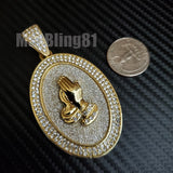HIP HOP ICED GOLD SILVER PLATED BLING GLITTERED LARGE PRAYING HANDS OVAL CHARM PENDANT