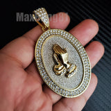 HIP HOP ICED GOLD SILVER PLATED BLING GLITTERED LARGE PRAYING HANDS OVAL CHARM PENDANT