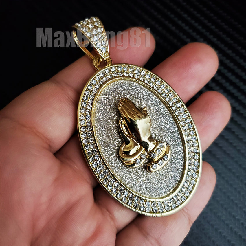 HIP HOP ICED GOLD SILVER PLATED BLING GLITTERED LARGE PRAYING HANDS OVAL CHARM PENDANT