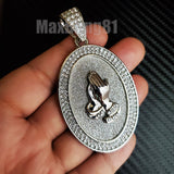 HIP HOP ICED GOLD SILVER PLATED BLING GLITTERED LARGE PRAYING HANDS OVAL CHARM PENDANT