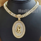 Gold Plated Praying Hands Oval Pendant & 18" 20" 24" Iced Baguette Chain Necklace