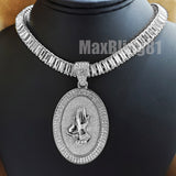 White Gold Plated Praying Hands Oval Pendant & 18" 20" 24" Iced Baguette Chain Necklace