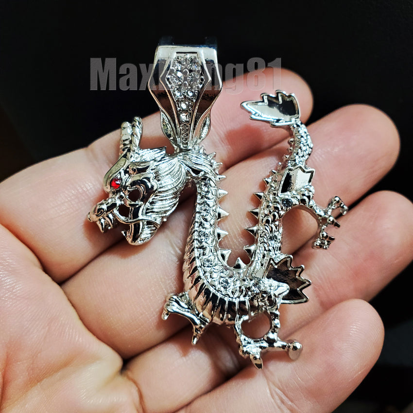 Hip Hop White Gold Plated DRAGON Pendant & 18" 20" 24" Iced Baguette Chain Bling Necklace