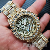 Iced Tiger Stripe Marble Dial Rapper Bling Lab Diamond Metal Band Hip Hop Watch