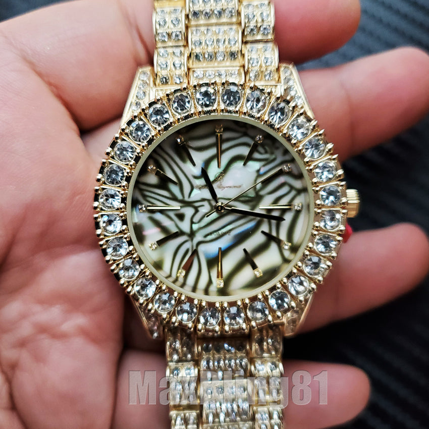 Iced Tiger Stripe Marble Dial Rapper Bling Lab Diamond Metal Band Hip Hop Watch