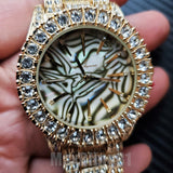 Iced Tiger Stripe Marble Dial Rapper Bling Lab Diamond Metal Band Hip Hop Watch