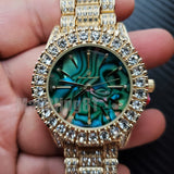 Iced Tiger Stripe Green Marble Dial Rapper Bling Lab Diamond Metal Band Hip Hop Watch