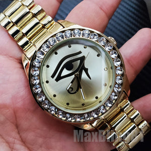 Hip Hop Iced Bling Gold PT EYE OF HORUS BIG Lab Diamond Metal band Watch