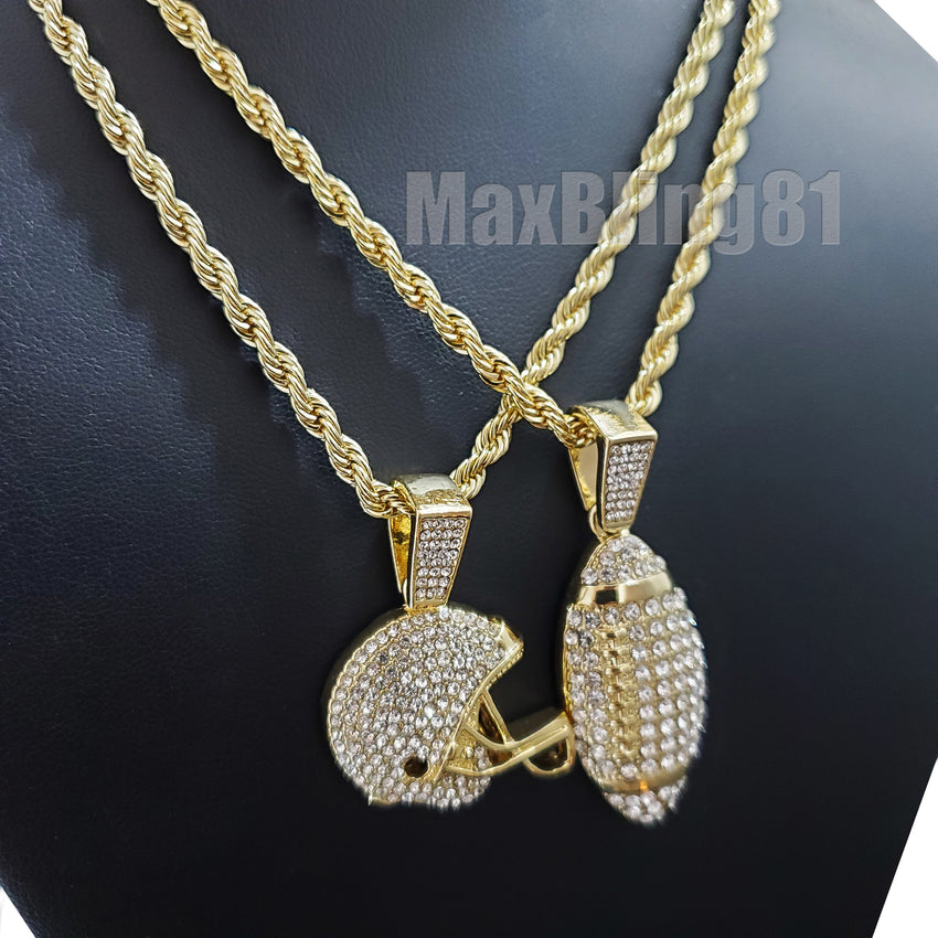 Hip Hop Gold Plated Super Bowl Football Helmet & Ball Pendant & 4mm 24" Rope Chain Necklace