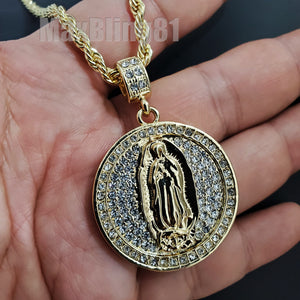 Hip Hop Iced Guadalupe Virgin Mary Medal Pendant & 4mm 24