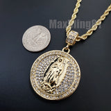 Hip Hop Iced Guadalupe Virgin Mary Medal Pendant & 4mm 24" Rope Chain Necklace
