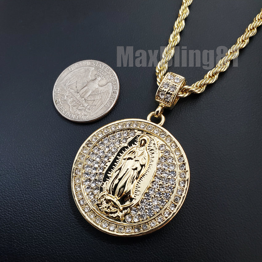 Hip Hop Iced Guadalupe Virgin Mary Medal Pendant & 4mm 24" Rope Chain Necklace