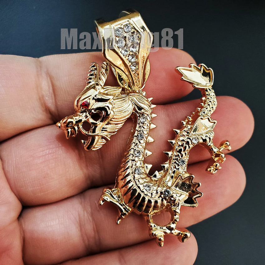 Gold Plated Dragon Pendant & 13mm 16" 18" 20" 24" Iced Cuban Box Lock Chain Necklace