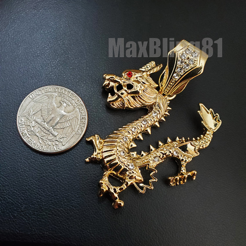 Hip Hop Gold Plated DRAGON Pendant & 18" 20" 24" Iced Baguette Chain Bling Necklace