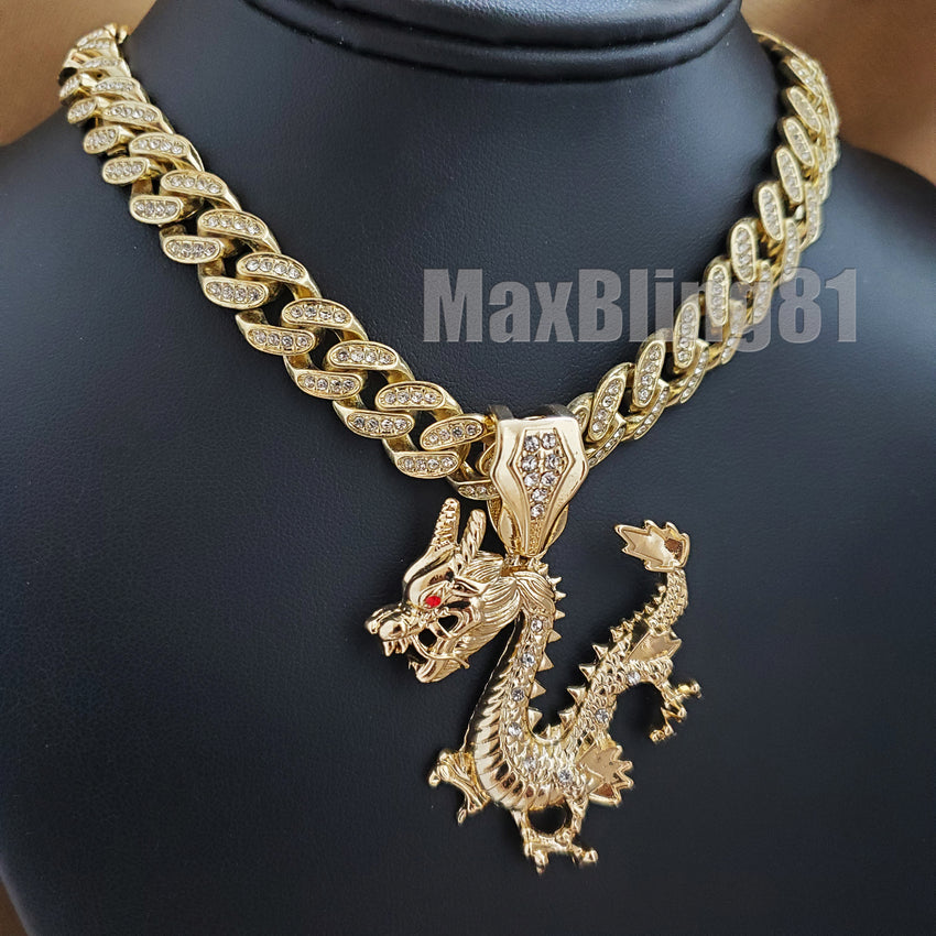 Gold Plated Dragon Pendant & 13mm 16" 18" 20" 24" Iced Cuban Box Lock Chain Necklace