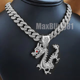 Silver Plated Dragon Pendant & 13mm 16" 18" 20" 24" Iced Cuban Box Lock Chain Necklace
