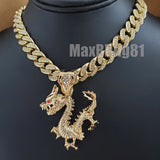 Gold Plated Dragon Pendant & 13mm 16" 18" 20" 24" Iced Cuban Box Lock Chain Necklace