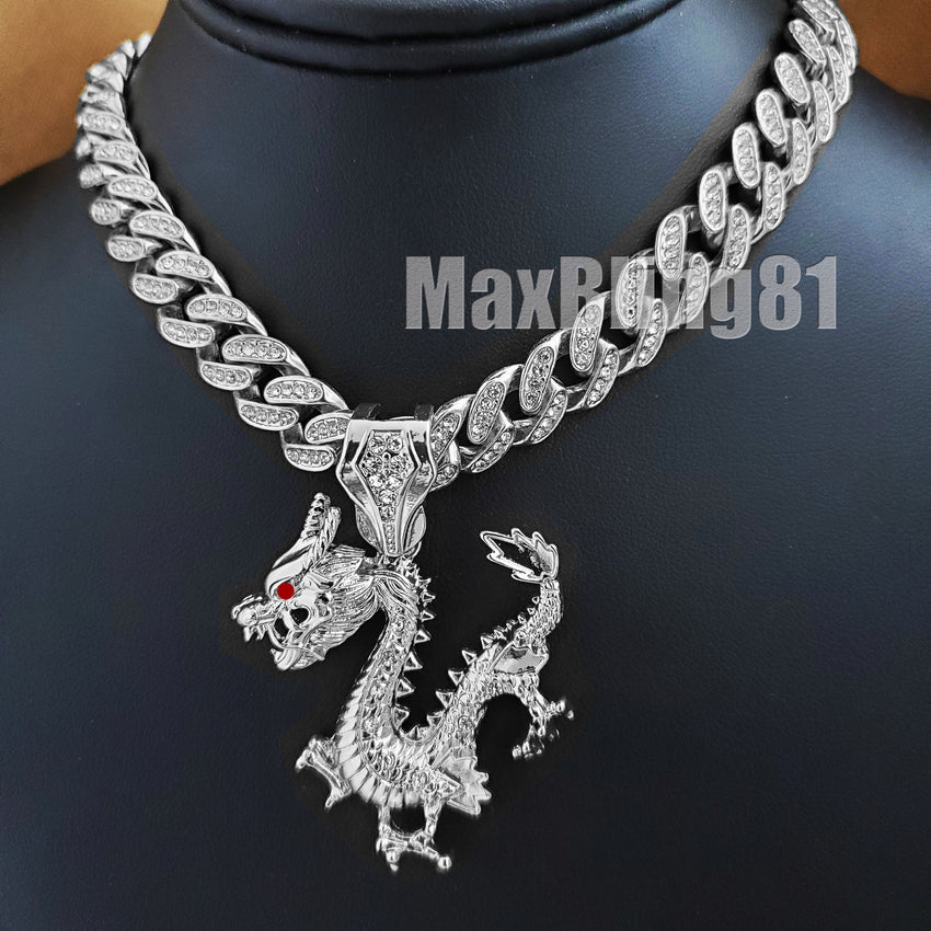 Silver Plated Dragon Pendant & 13mm 16" 18" 20" 24" Iced Cuban Box Lock Chain Necklace