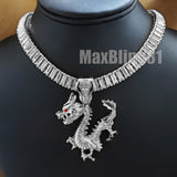 Hip Hop White Gold Plated DRAGON Pendant & 18" 20" 24" Iced Baguette Chain Bling Necklace