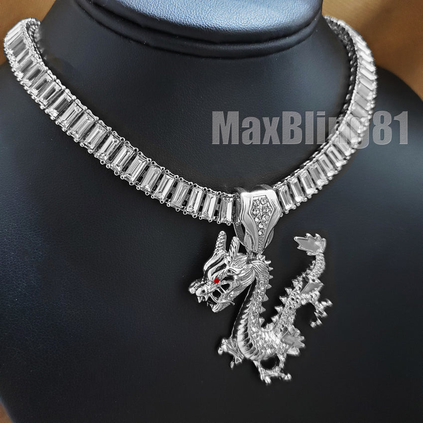 Hip Hop White Gold Plated DRAGON Pendant & 18" 20" 24" Iced Baguette Chain Bling Necklace