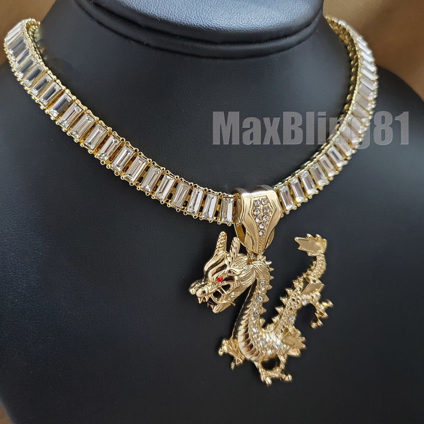 Hip Hop Gold Plated DRAGON Pendant & 18" 20" 24" Iced Baguette Chain Bling Necklace