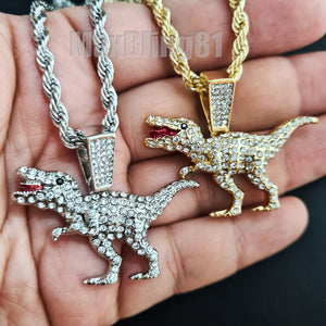 Hip Hop Iced Lab Diamond T-Rex Dinosaur Pendant & 4mm 24