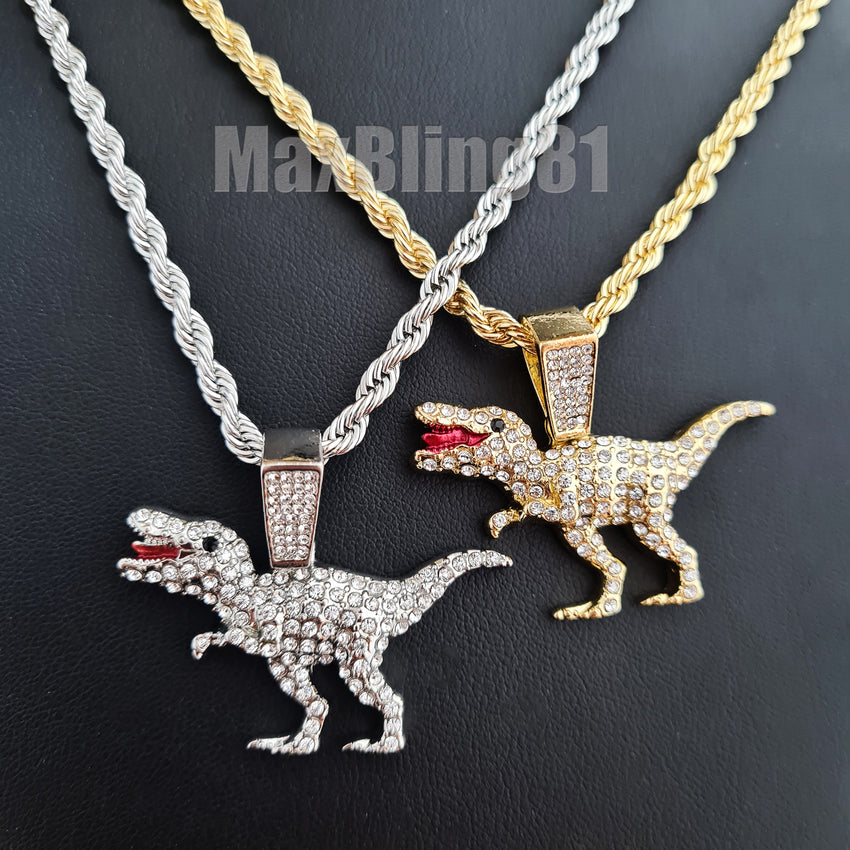 Hip Hop Iced Lab Diamond T-Rex Dinosaur Pendant & 4mm 24" Rope Chain Bling Necklace